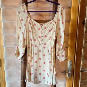 Reformation Cream Dress with Pink Polka Dots